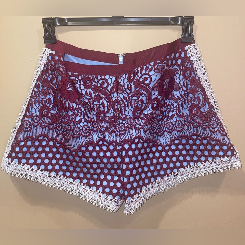 Alexis blue and burgundy printed lace mini shorts size medium